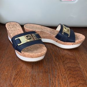 Michael Kors WARREN' LEATHER STRAP CORK WEDGE SANDALS
